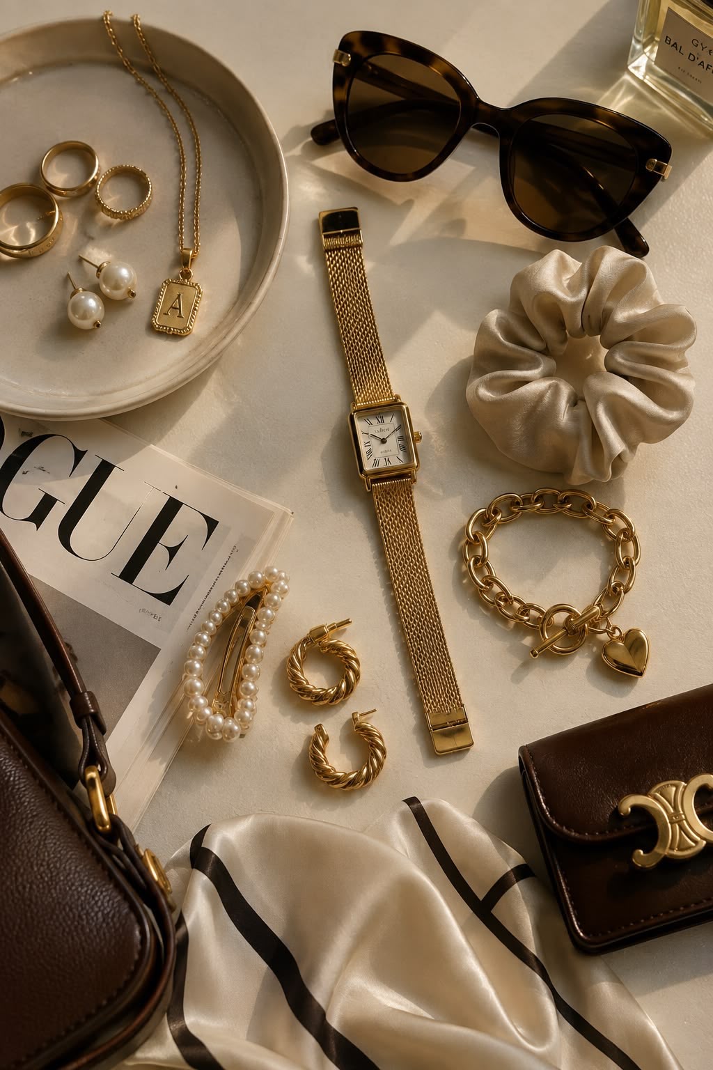 Bijoux dorés posés à plat : montre dorée, bracelet cœur, créoles, perles et lunettes