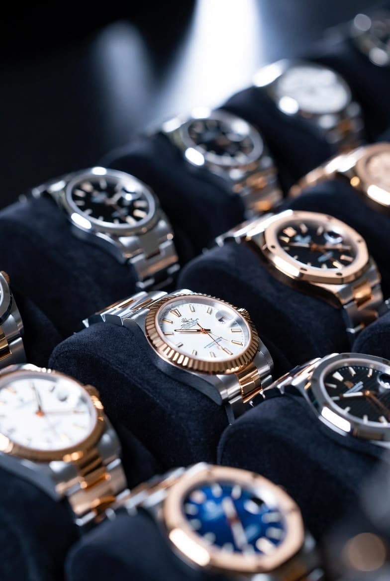 Écrin de montres bi-ton acier et or rose sur coussinets bleu nuit